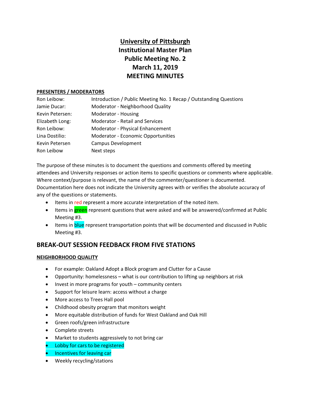 University of Pittsburgh Institutional Master Plan Public Meeting No. 2 March 11, 2019 MEETING MINUTES