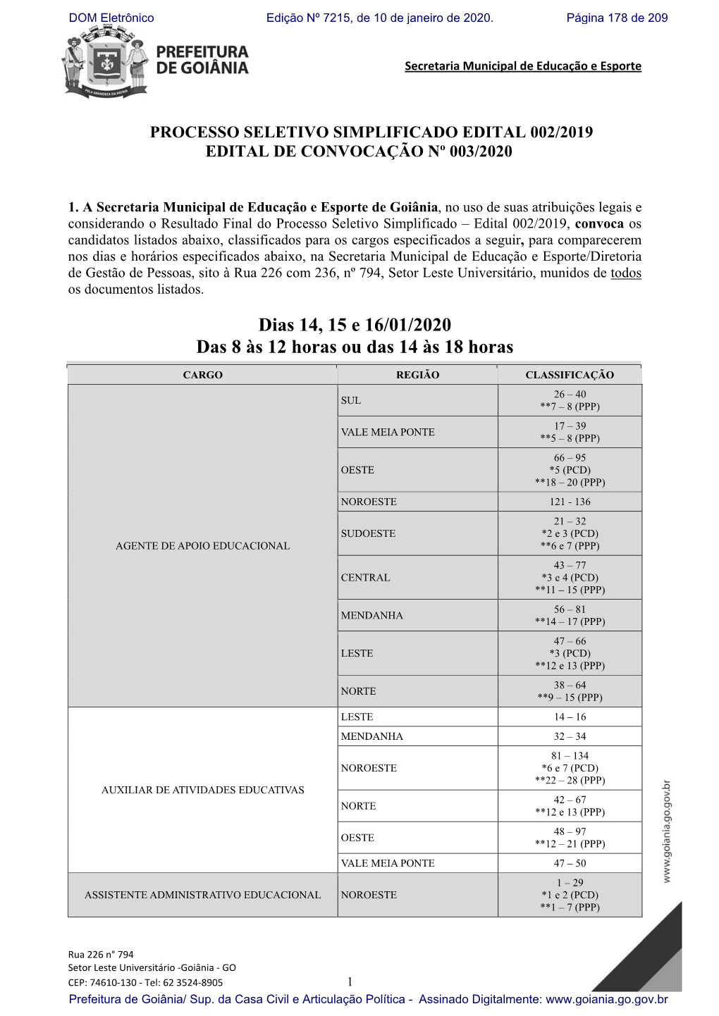 Dias 14, 15 E 16/01/2020 Das 8 Às 12 Horas Ou Das 14 Às 18 Horas