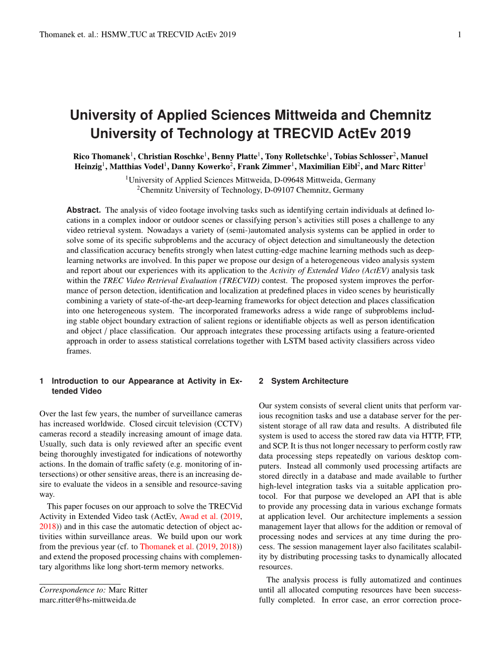 University of Applied Sciences Mittweida and Chemnitz University of Technology at TRECVID Actev 2019