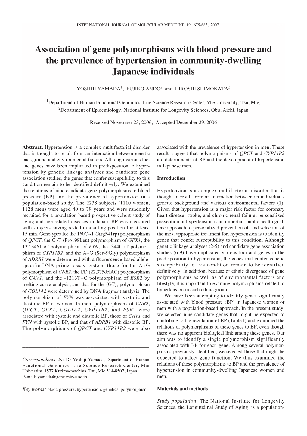 Association of Gene Polymorphisms with Blood Pressure and the Prevalence of Hypertension in Community-Dwelling Japanese Individuals