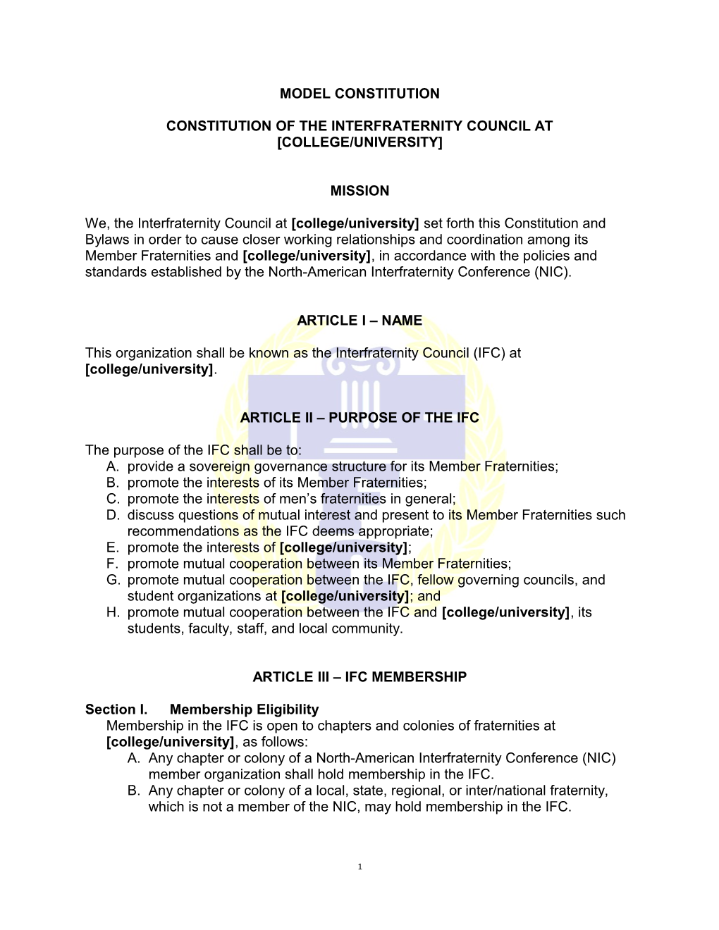 Constitution of the Interfraternity Council at College/University