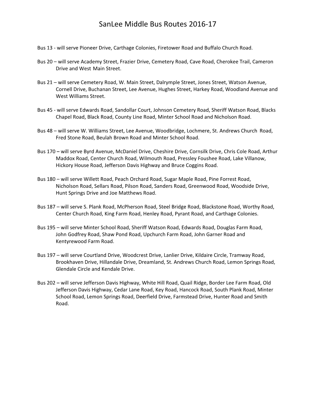 Sanlee Middle Bus Routes 2016-17