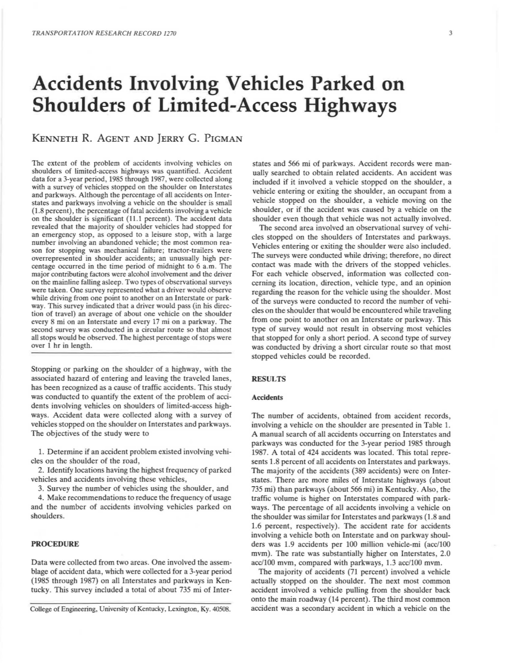 Accidents Involving Vehicles Parked on Shoulders of Limited-Access Highways