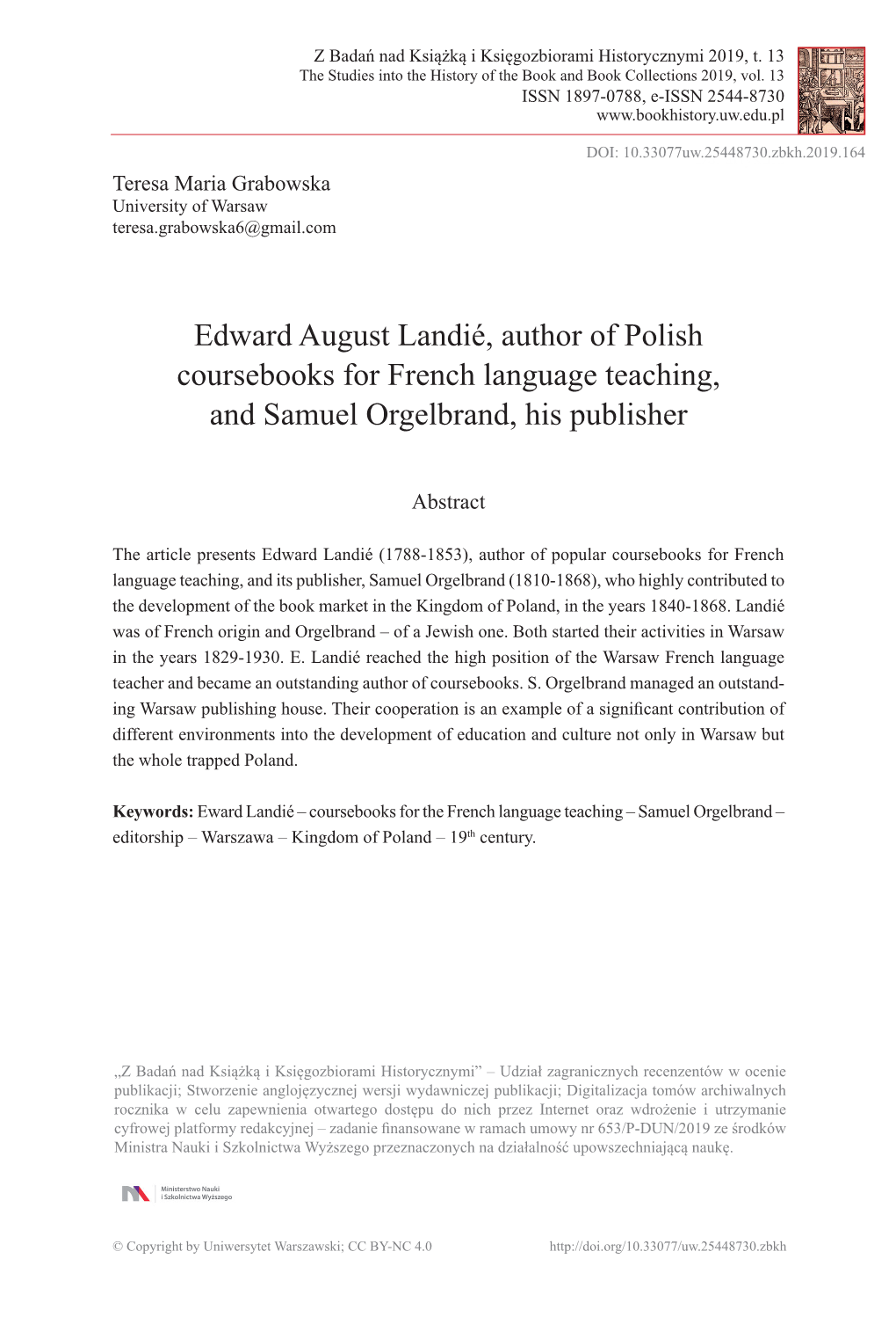 Edward August Landié, Author of Polish Coursebooks for French Language Teaching, and Samuel Orgelbrand, His Publisher