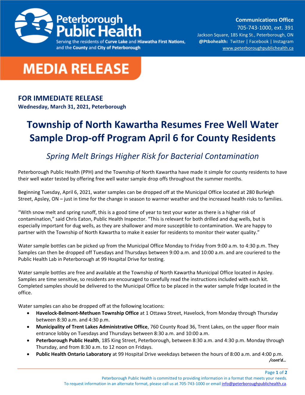 Township of North Kawartha Resumes Free Well Water Sample Drop-Off Program April 6 for County Residents