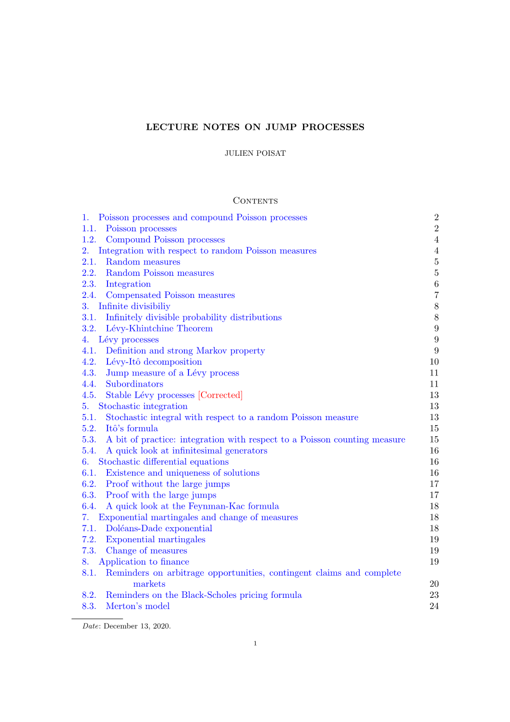 LECTURE NOTES on JUMP PROCESSES Contents 1. Poisson