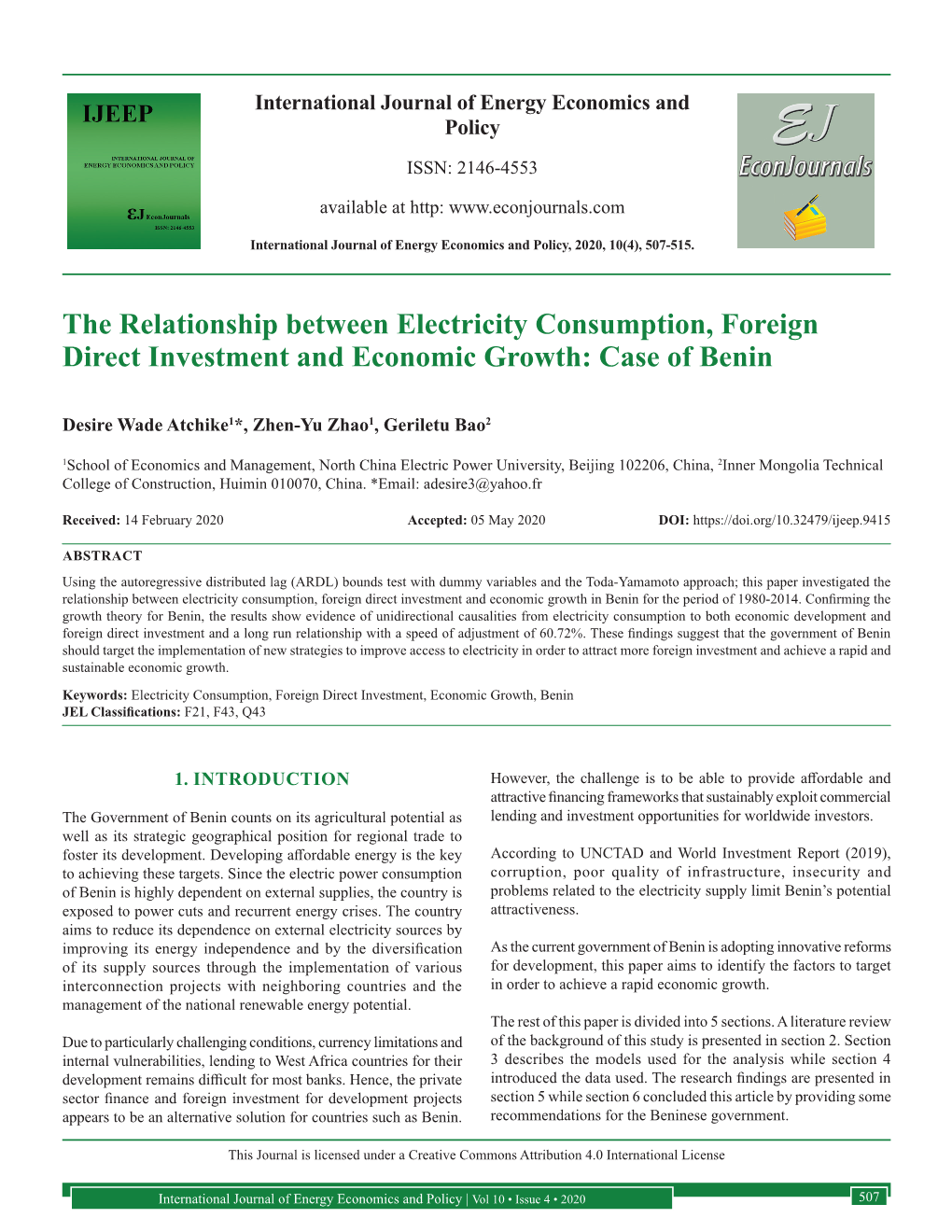 The Relationship Between Electricity Consumption, Foreign Direct Investment and Economic Growth: Case of Benin