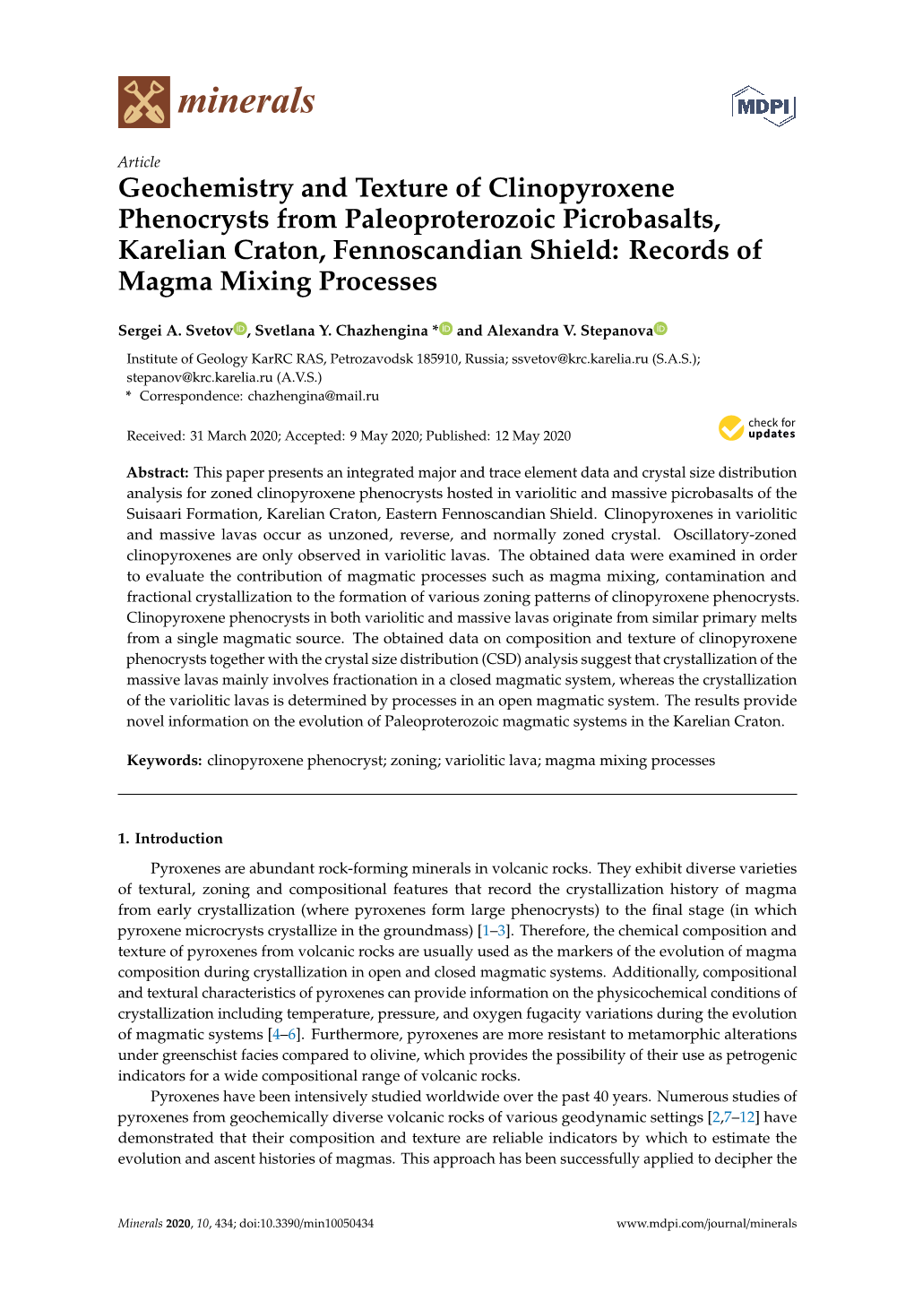 Geochemistry and Texture of Clinopyroxene Phenocrysts from Paleoproterozoic Picrobasalts, Karelian Craton, Fennoscandian Shield: Records of Magma Mixing Processes