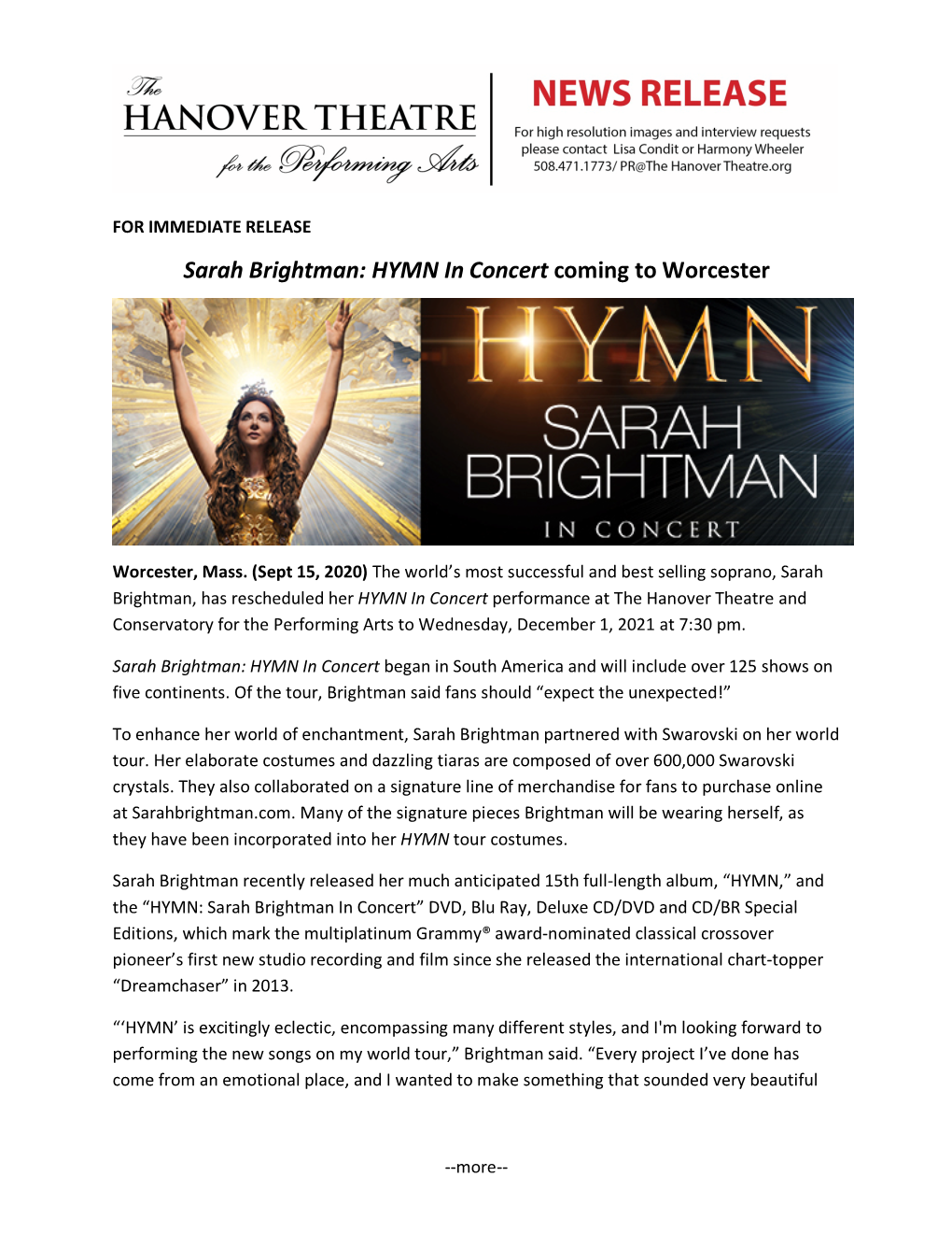 Sarah Brightman: HYMN in Concert Coming to Worcester