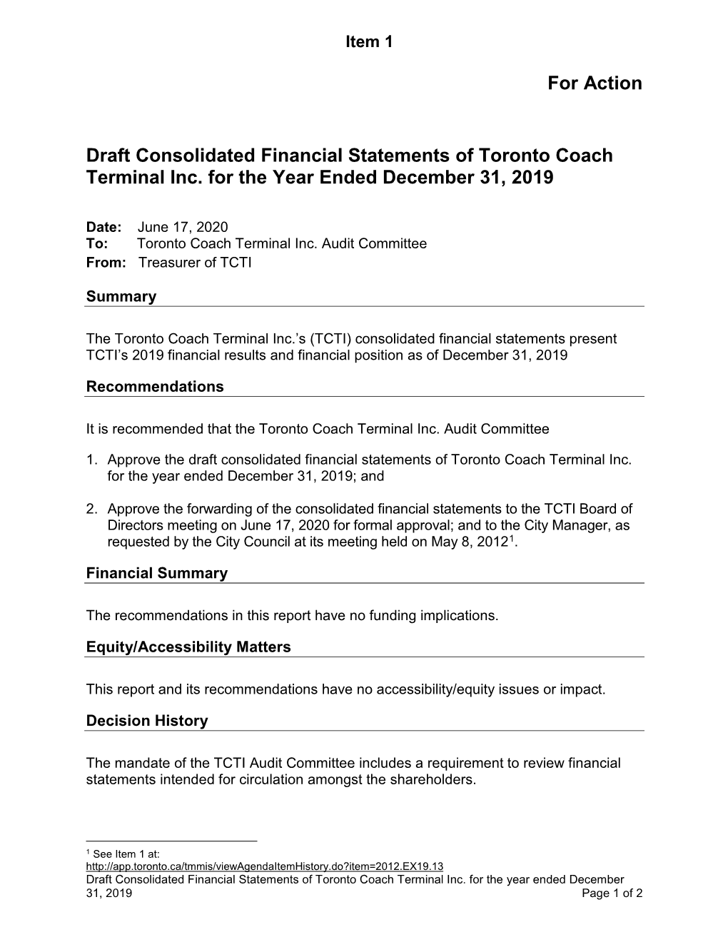 For Action Draft Consolidated Financial Statements of Toronto