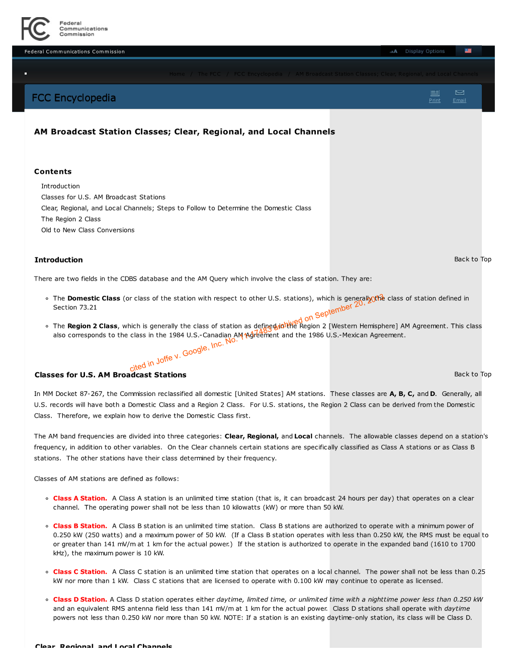 FCC Encyclopedia / AM Broadcast Station Classes; Clear, Regional, and Local Channels