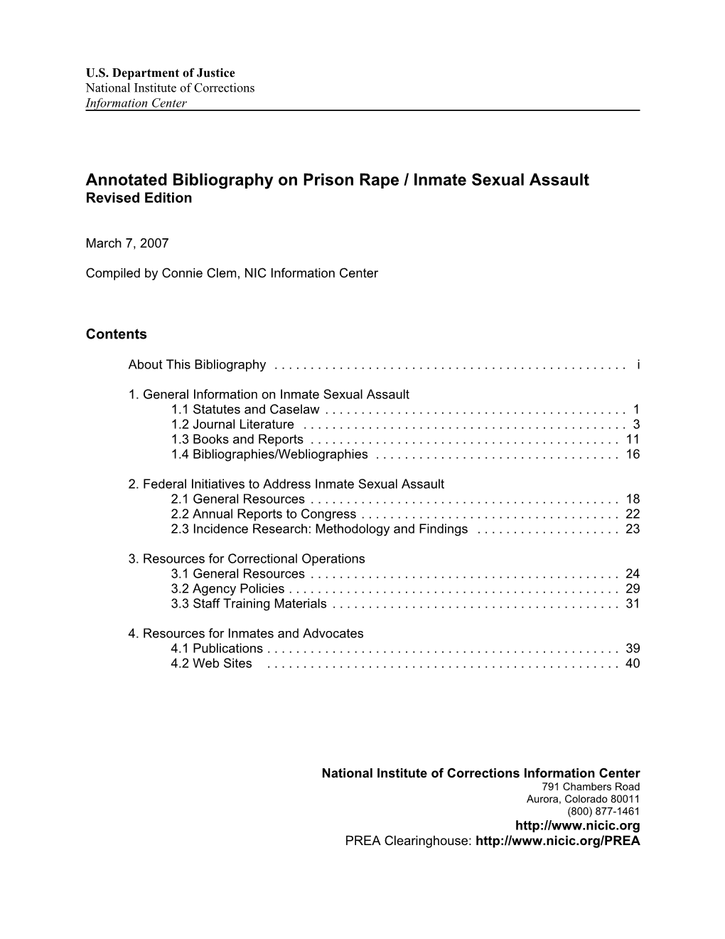 Annotated Bibliography on Prison Rape / Inmate Sexual Assault Revised Edition