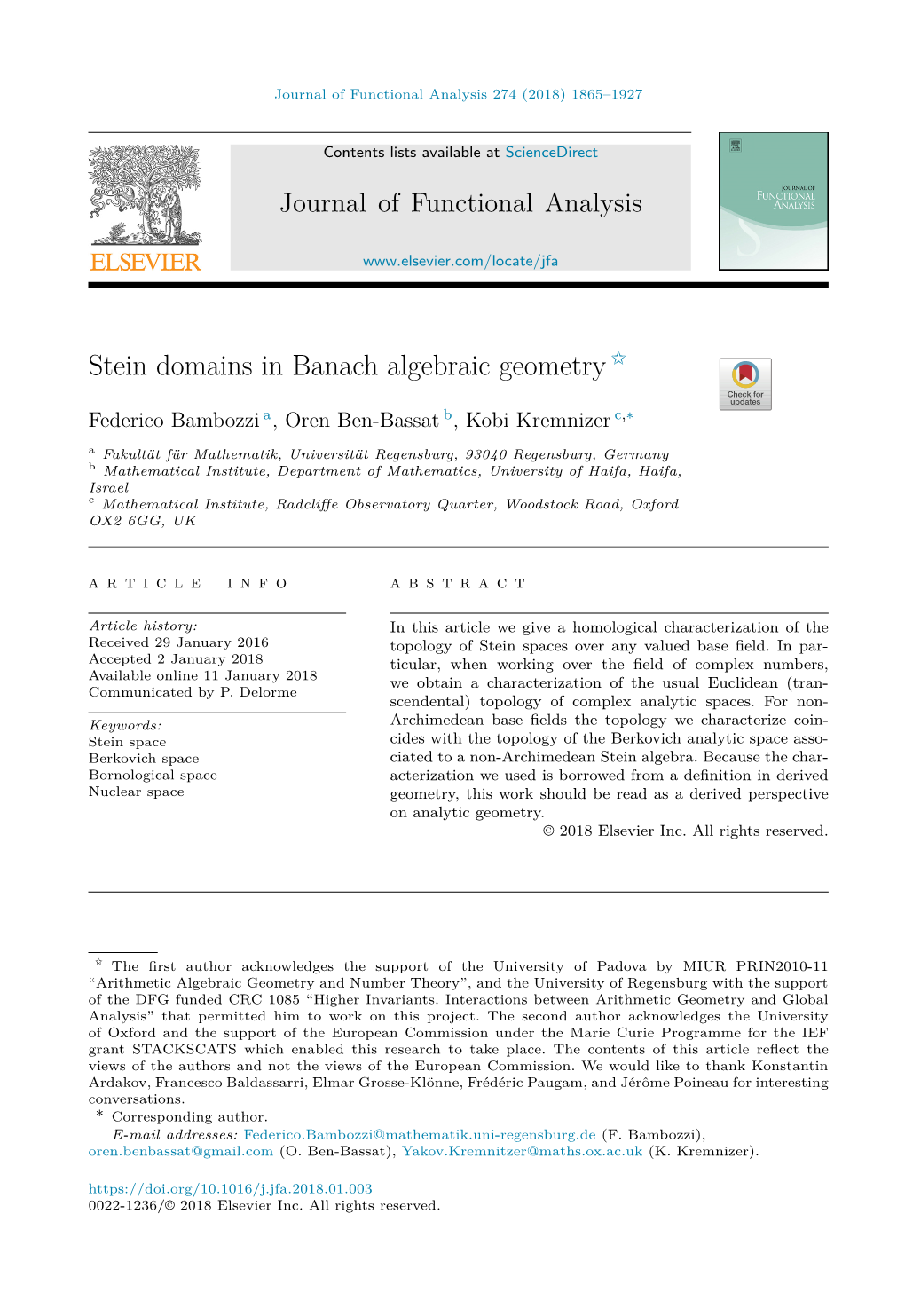 Stein Domains in Banach Algebraic Geometry