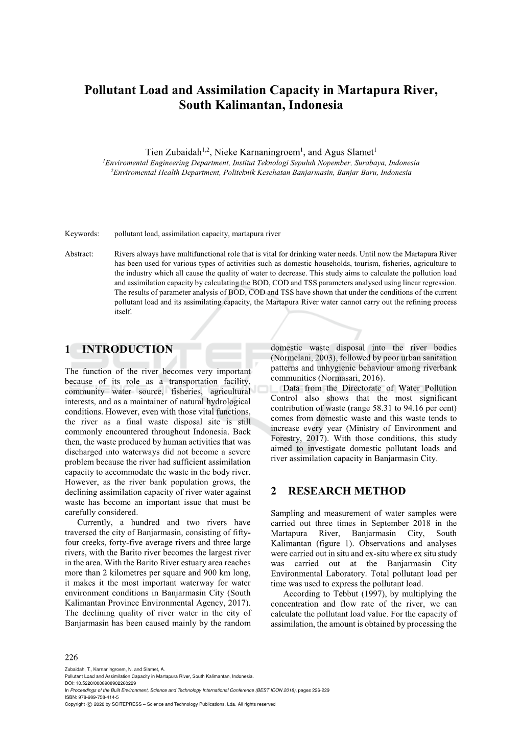 Pollutant Load and Assimilation Capacity in Martapura River, South Kalimantan, Indonesia