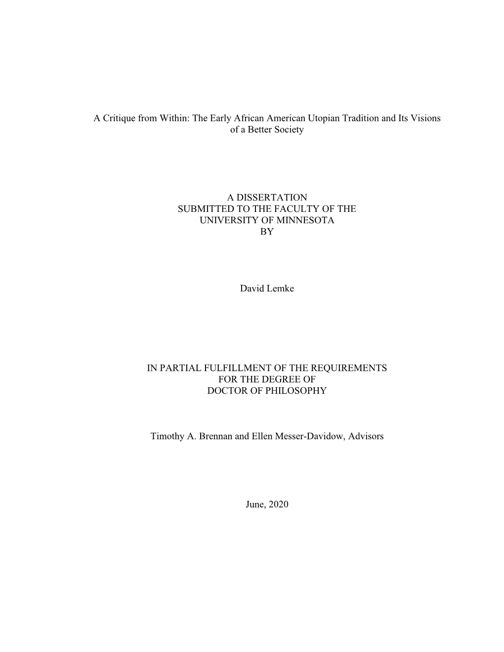 The Early African American Utopian Tradition and Its Visions of a Better Society