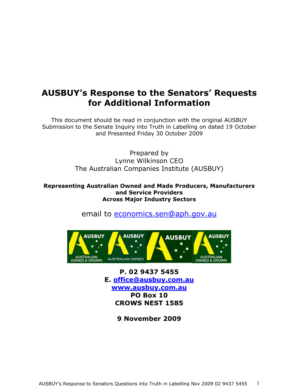 AUSBUY's Response to the Senators' Requests for Additional Information