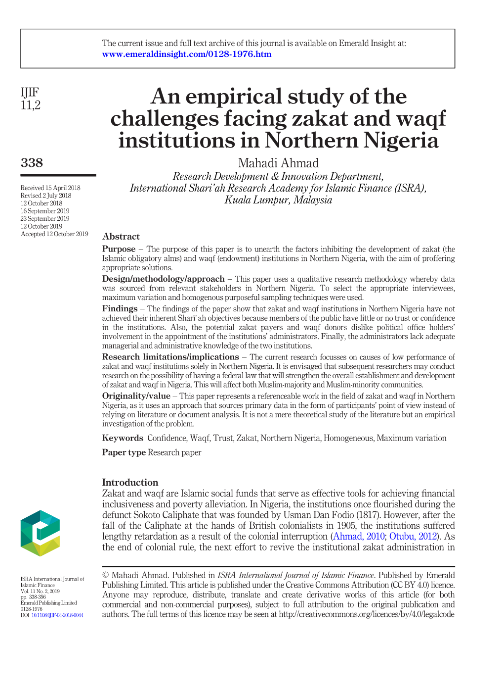 An Empirical Study of the Challenges Facing Zakat and Waqf Institutions In