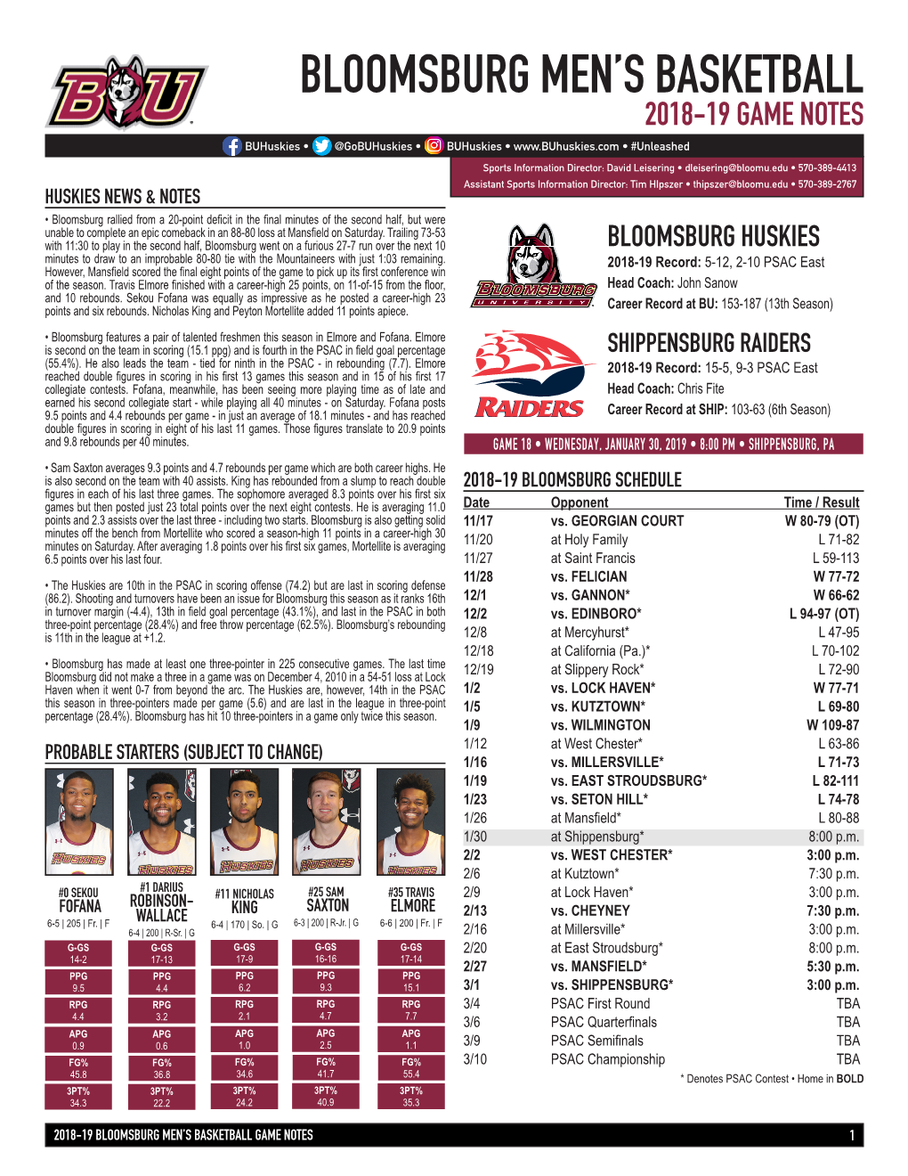 Bloomsburg Men's Basketball Bloomsburg Combined Team Statistics (As of Jan 28, 2019) All Games