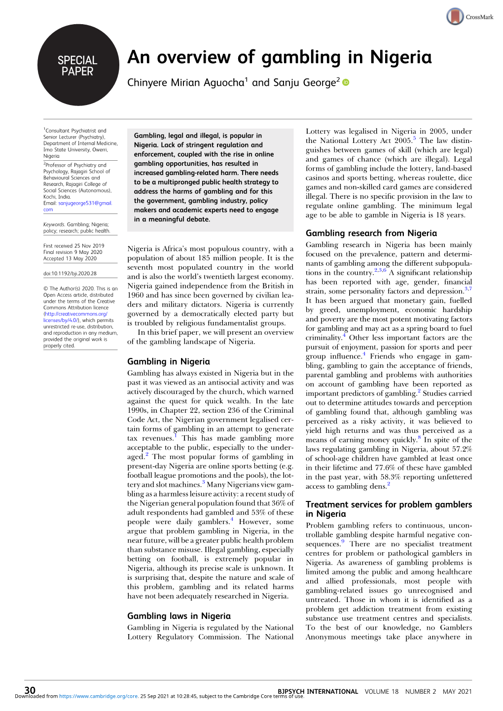 An Overview of Gambling in Nigeria PAPER Chinyere Mirian Aguocha1 and Sanju George2