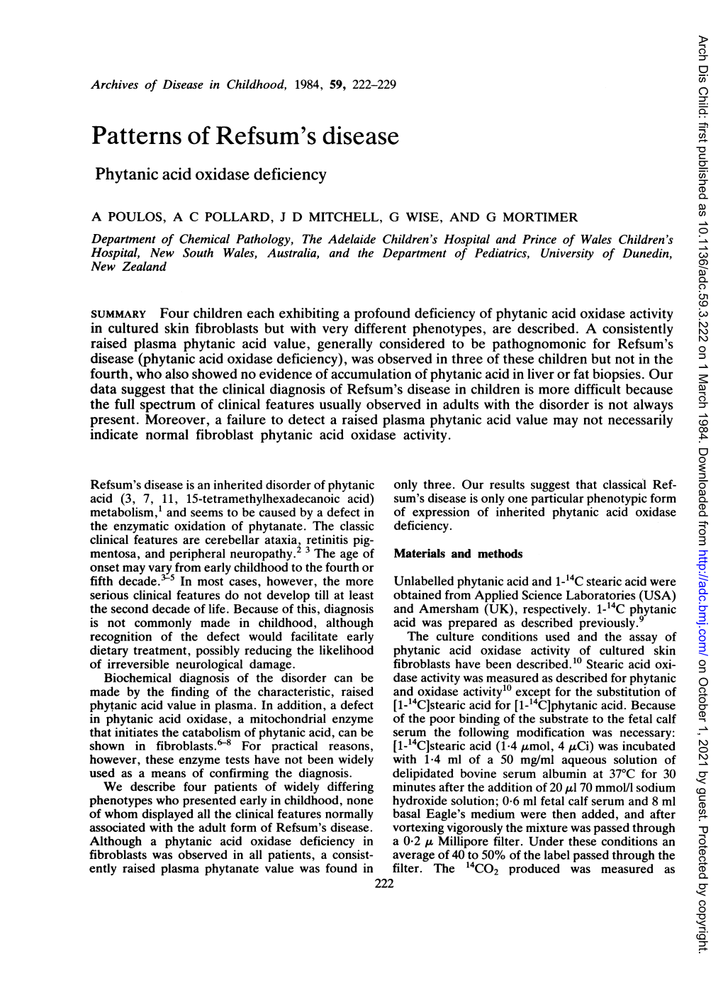 Patterns of Refsum's Disease Phytanic Acid Oxidase Deficiency