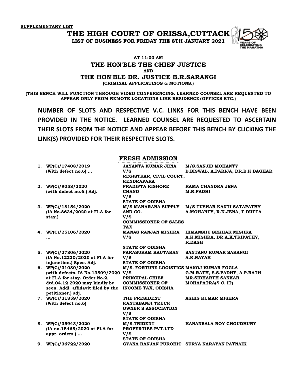 The High Court of Orissa,Cuttack List of Business for Friday the 8Th January 2021