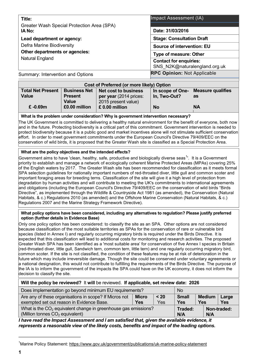 1 Title: Greater Wash Special Protection Area (SPA) IA No: Lead