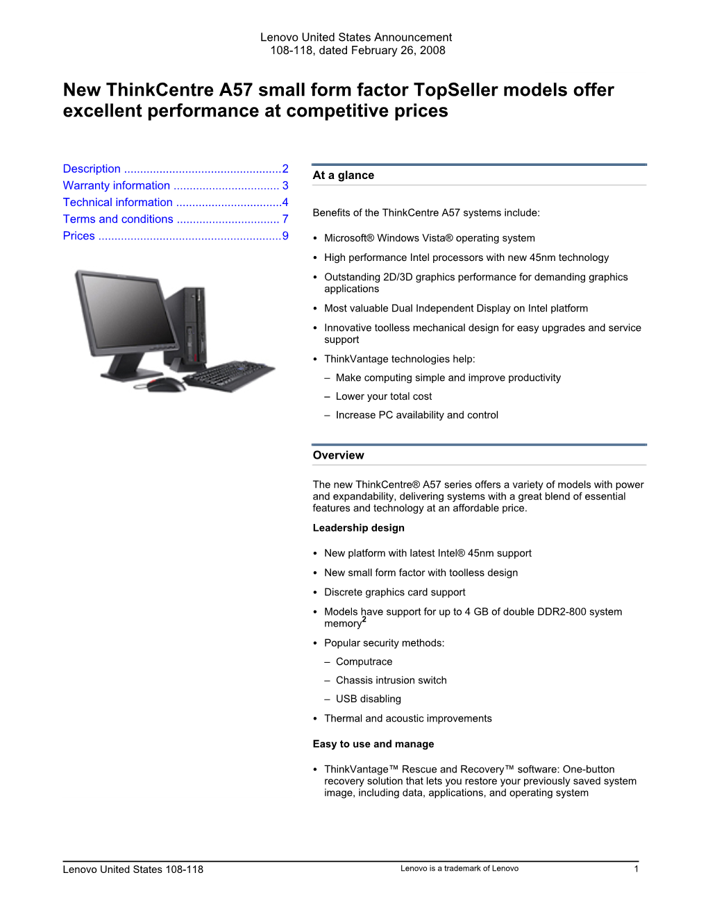 New Thinkcentre A57 Small Form Factor Topseller Models Offer Excellent Performance at Competitive Prices