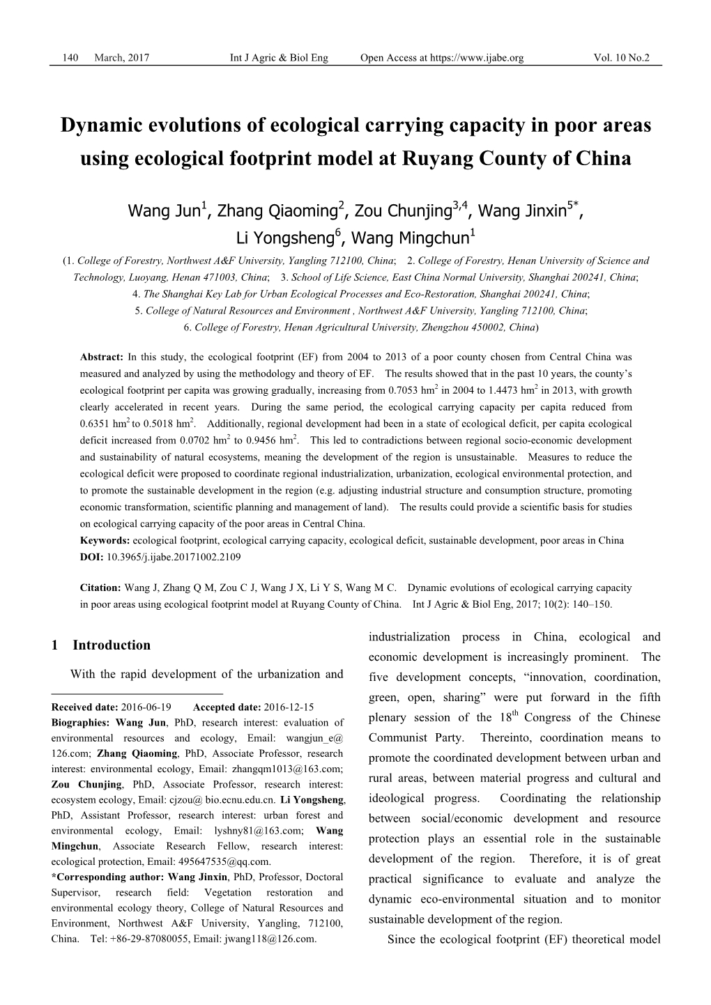Dynamic Evolutions of Ecological Carrying Capacity in Poor Areas Using Ecological Footprint Model at Ruyang County of China