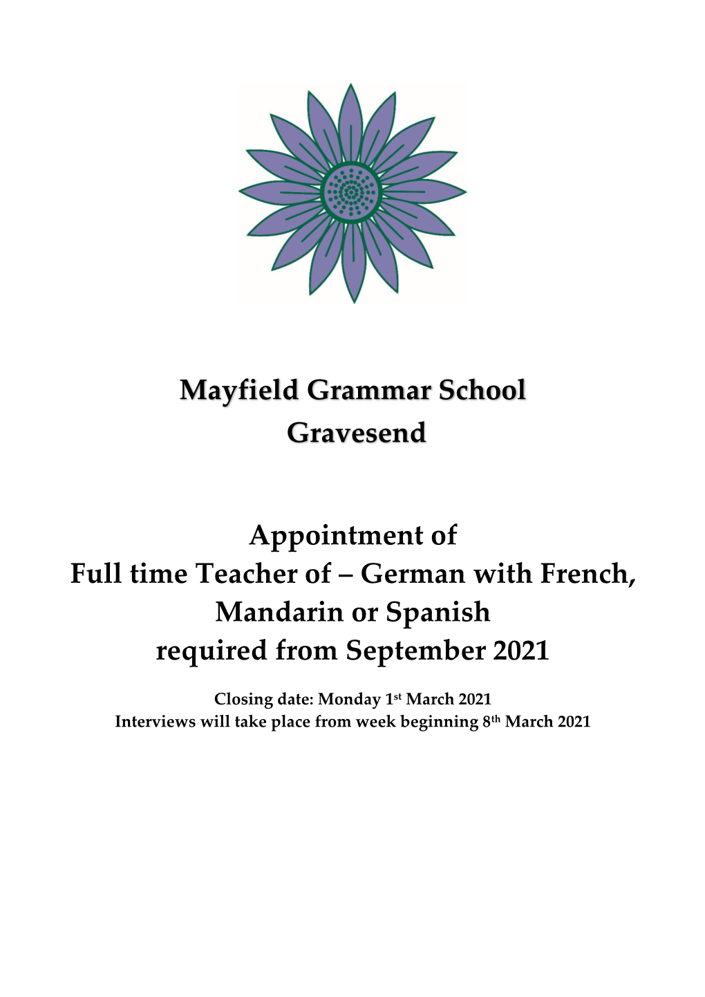 Mayfield Grammar School Gravesend Appointment of Full Time Teacher Of