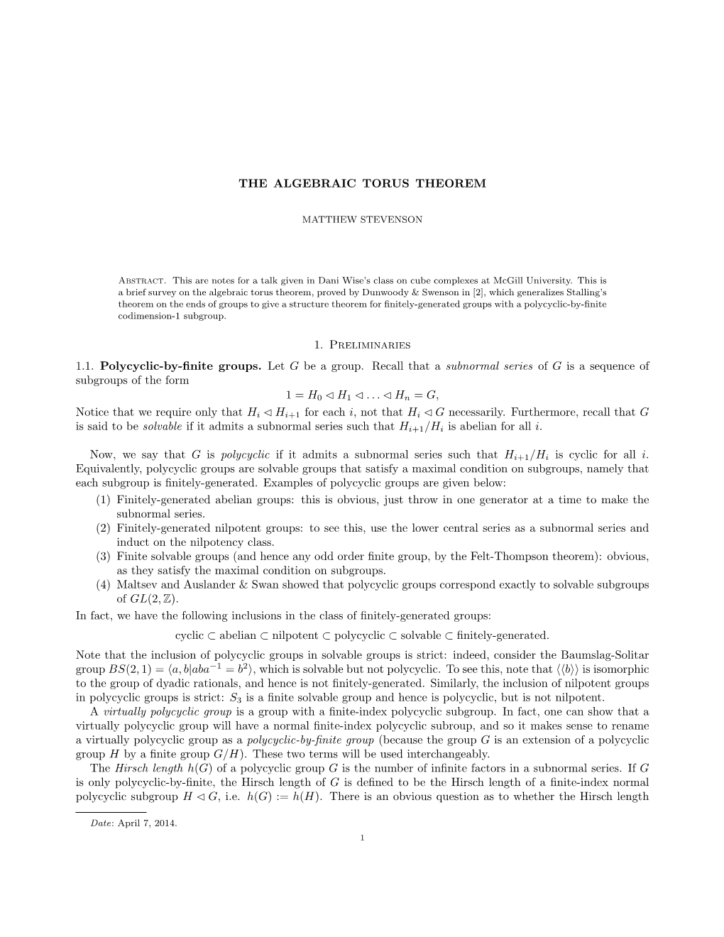 THE ALGEBRAIC TORUS THEOREM 1. Preliminaries 1.1. Polycyclic-By