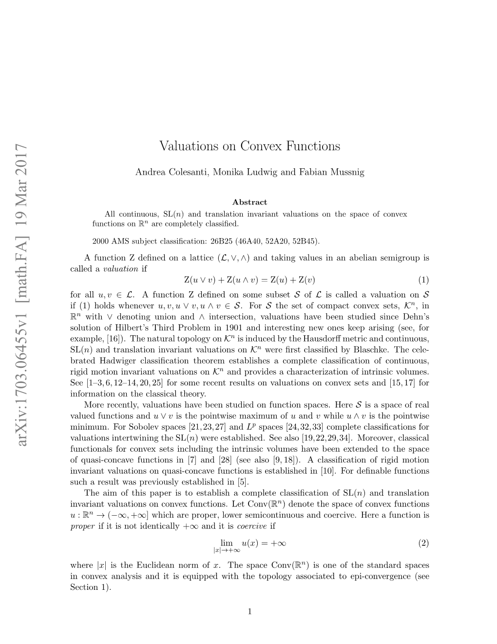 Valuations on Convex Functions