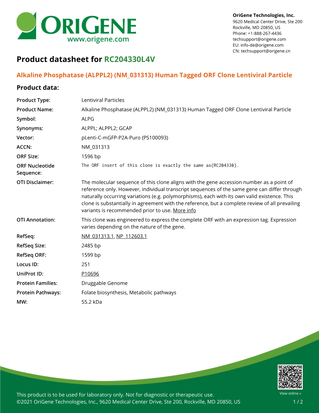 (ALPPL2) (NM 031313) Human Tagged ORF Clone Lentiviral Particle Product Data