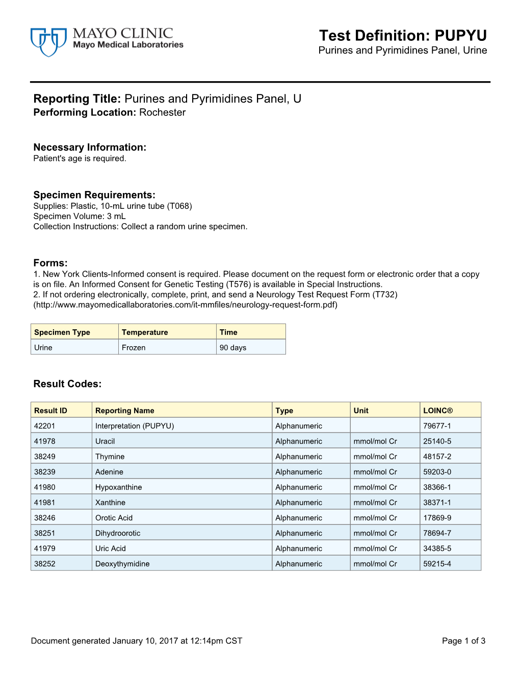 Test Definition: PUPYU Purines and Pyrimidines Panel, Urine