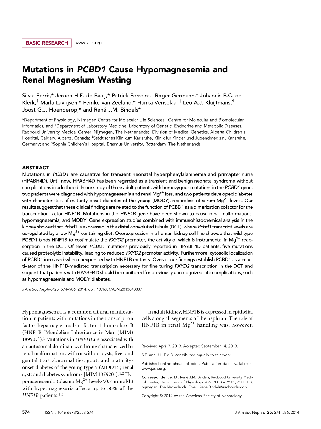 Mutations in PCBD1 Cause Hypomagnesemia and Renal Magnesium Wasting