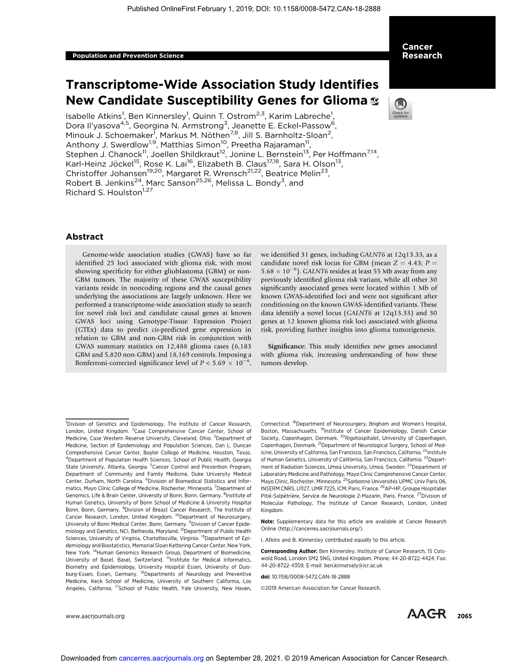 Transcriptome-Wide Association Study Identifies New Candidate Susceptibility Genes for Glioma