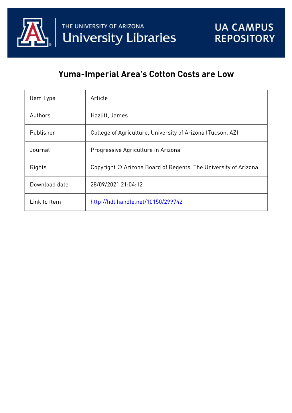 Yuma -Imperial Area's Measure the Costof Producing Upland KVIO, Cottonwood -Mon