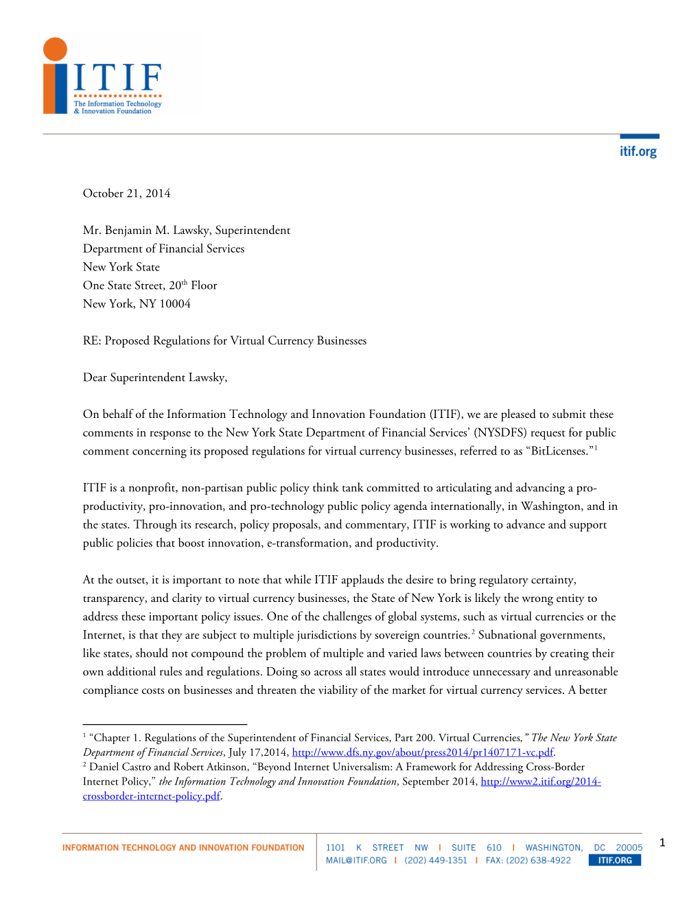 ITIF Comments to the New York State Department of Financial Services