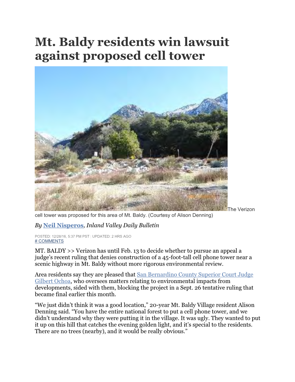 Mt. Baldy Residents Win Lawsuit Against Proposed Cell Tower