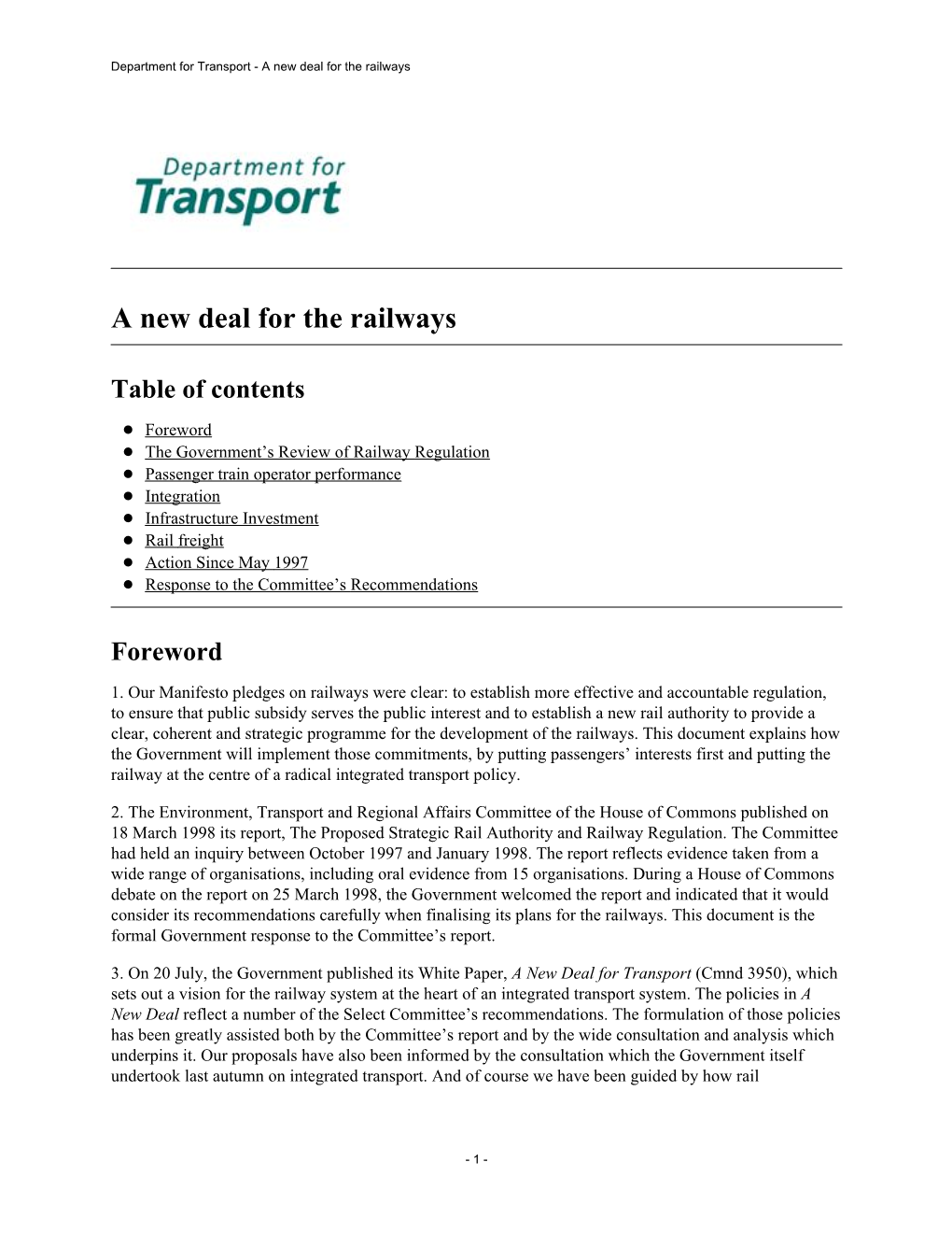 Department for Transport - a New Deal for the Railways