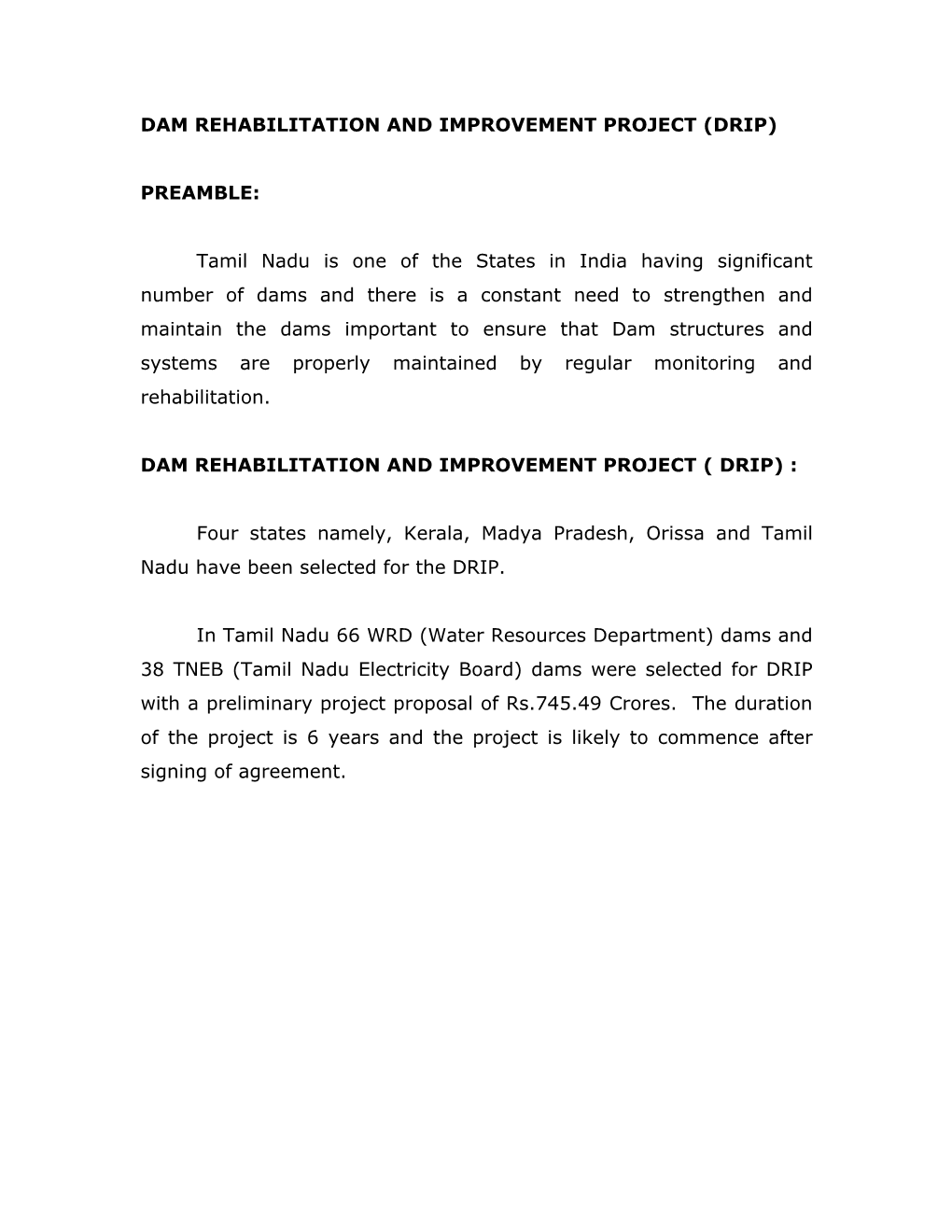 Dam Rehabilitation and Improvement Project (Drip)