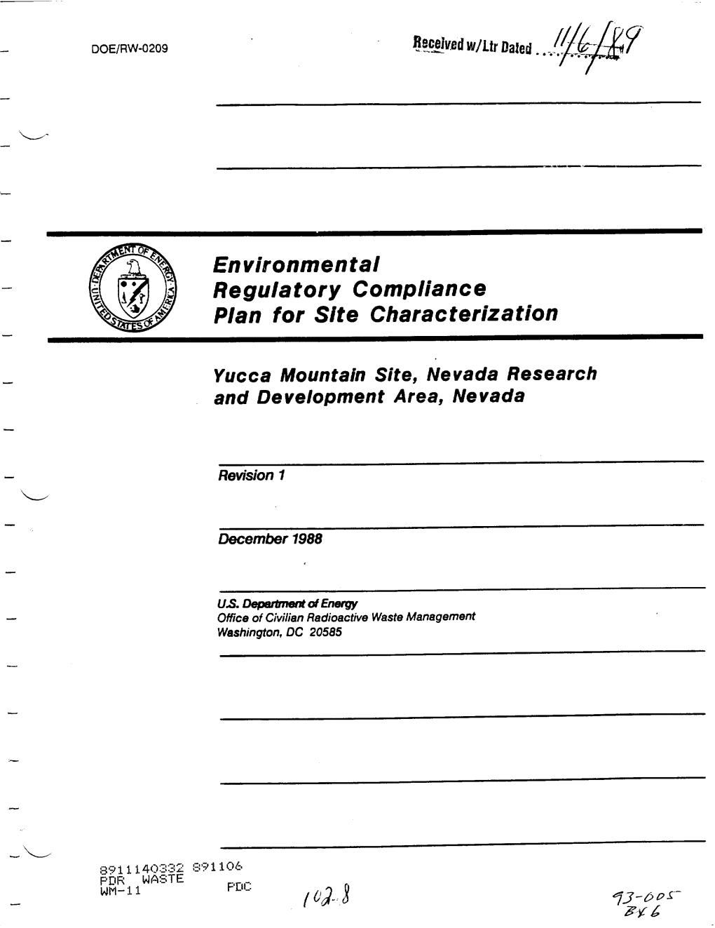 Revison 1 to Doe/Rw-0209 to Environmental Regulatory