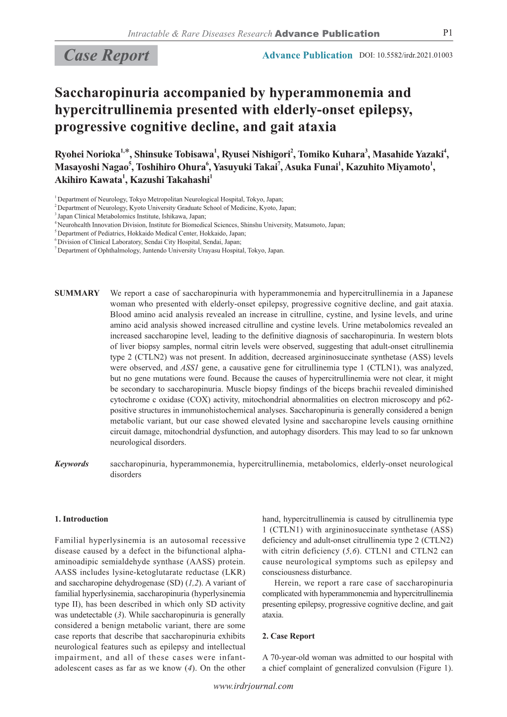 Saccharopinuria Accompanied by Hyperammonemia and Hypercitrullinemia Presented with Elderly-Onset Epilepsy, Progressive Cognitive Decline, and Gait Ataxia