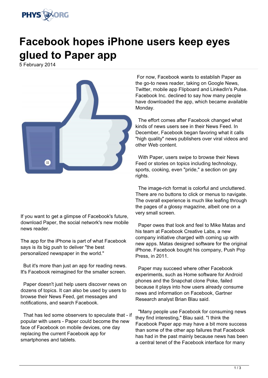 Facebook Hopes Iphone Users Keep Eyes Glued to Paper App 5 February 2014