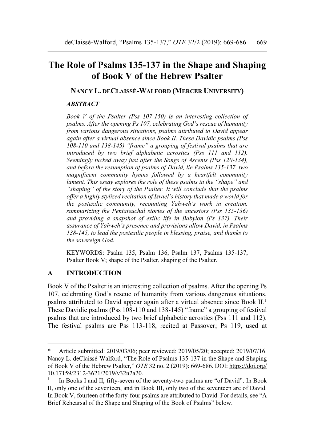 The Role of Psalms 135-137 in the Shape and Shaping of Book V of the Hebrew Psalter