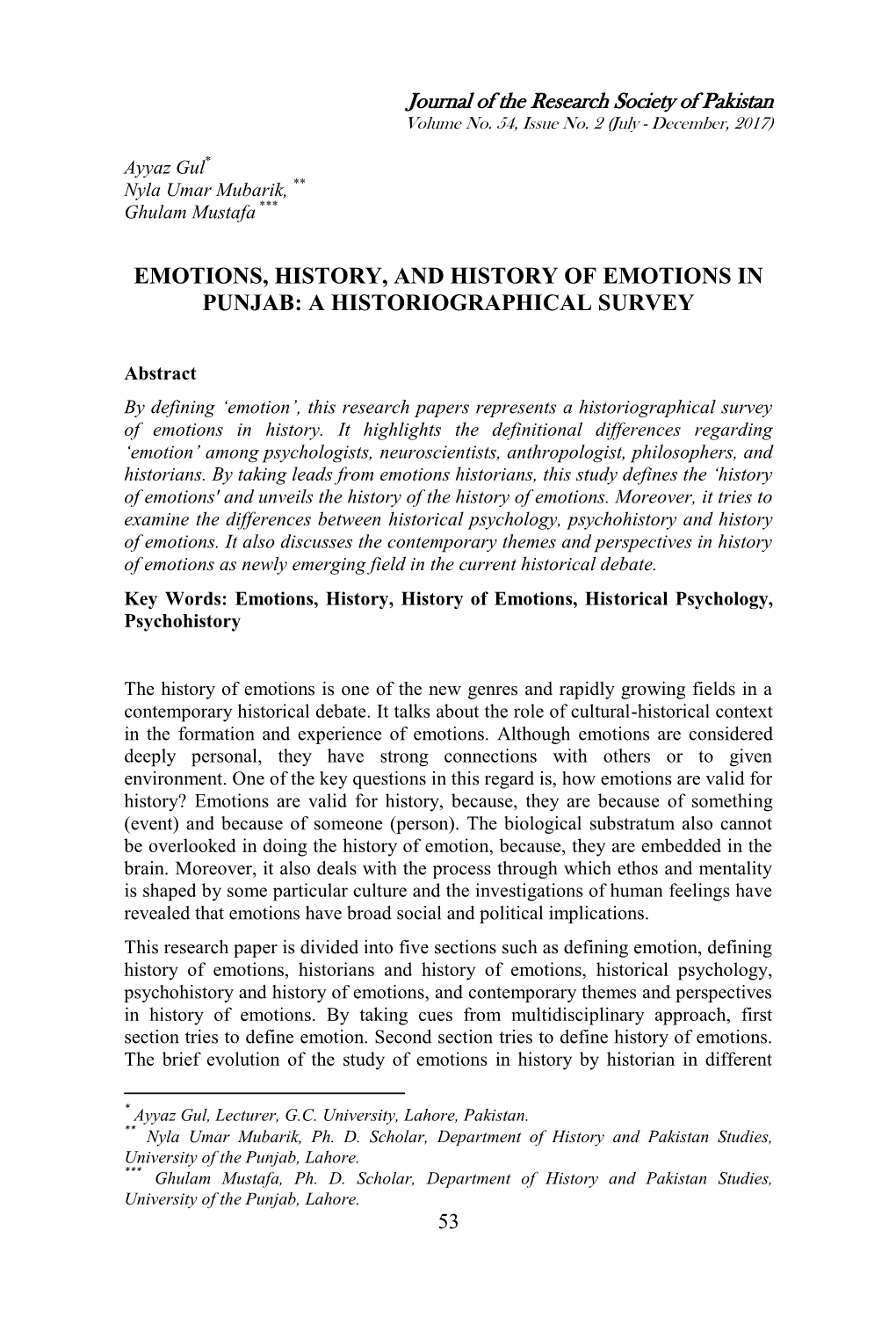 Emotions, History, and History of Emotions in Punjab: a Historiographical Survey