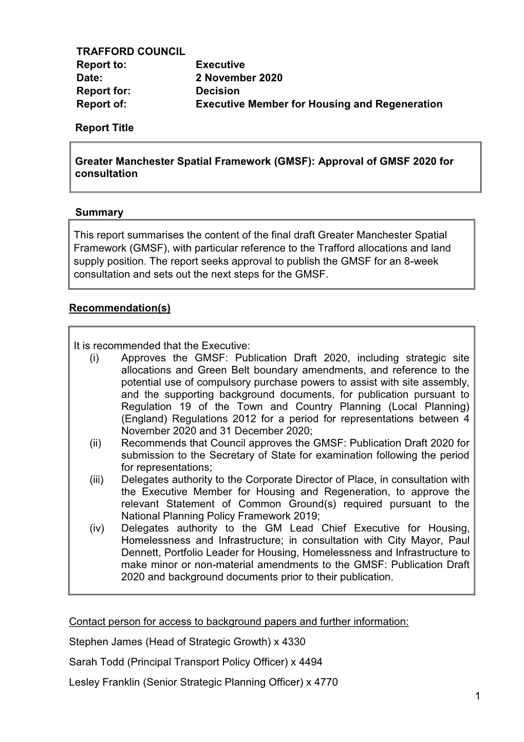 GMSF): Approval of GMSF 2020 for Consultation