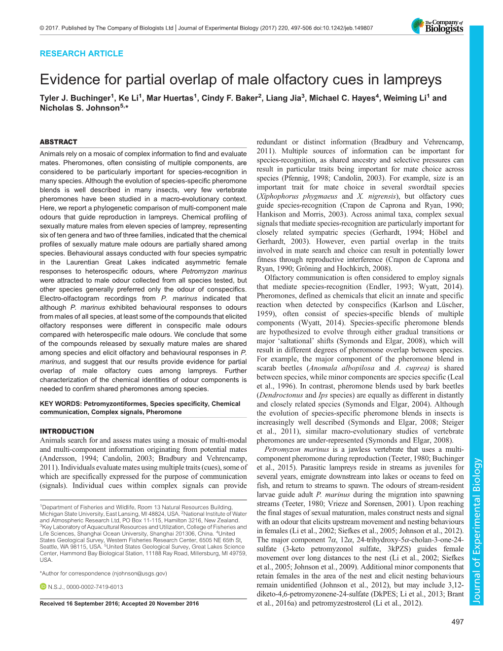 Evidence for Partial Overlap of Male Olfactory Cues in Lampreys Tyler J