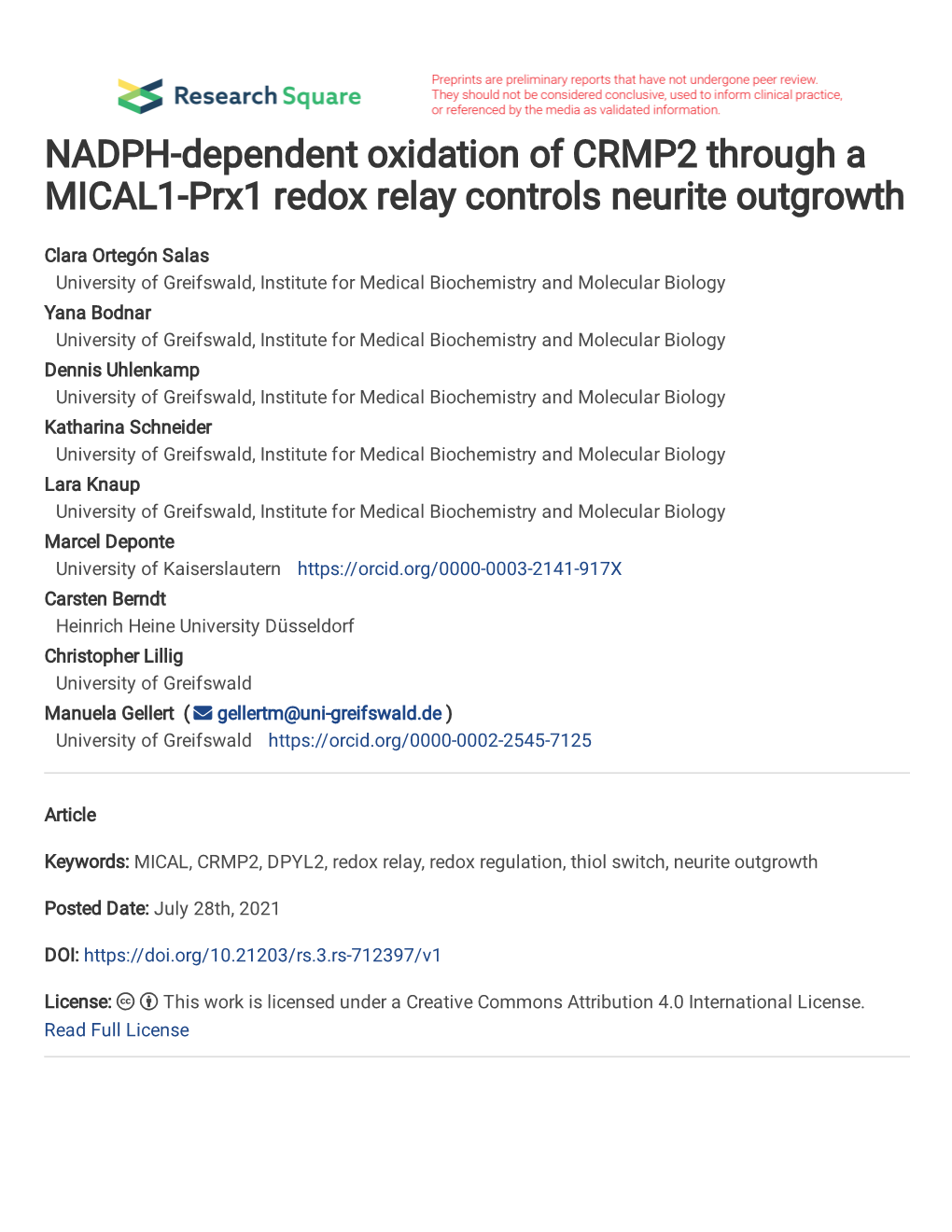 NADPH-Dependent Oxidation of CRMP2 Through a MICAL1-Prx1 Redox Relay Controls Neurite Outgrowth