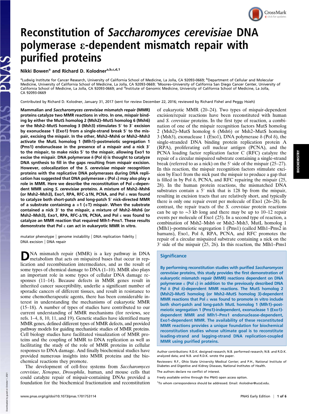 Reconstitution of Saccharomyces Cerevisiae DNA Polymerase E-Dependent Mismatch Repair with Purified Proteins