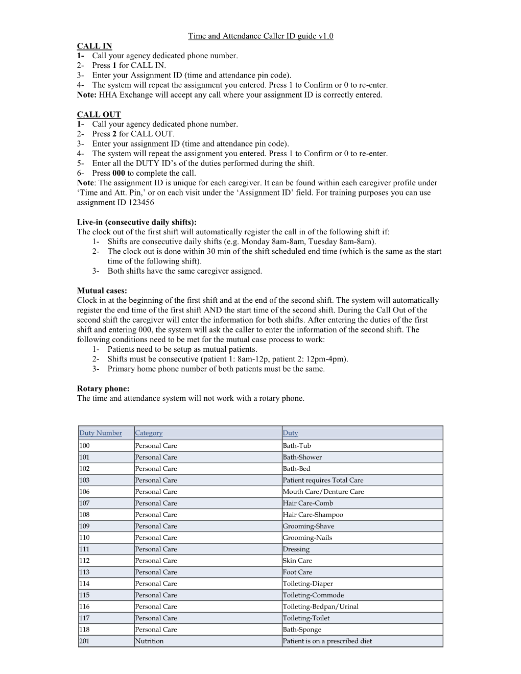 Time and Attendance Caller ID Guide V1.0 CALL in 1- Call Your Agency Dedicated Phone Number